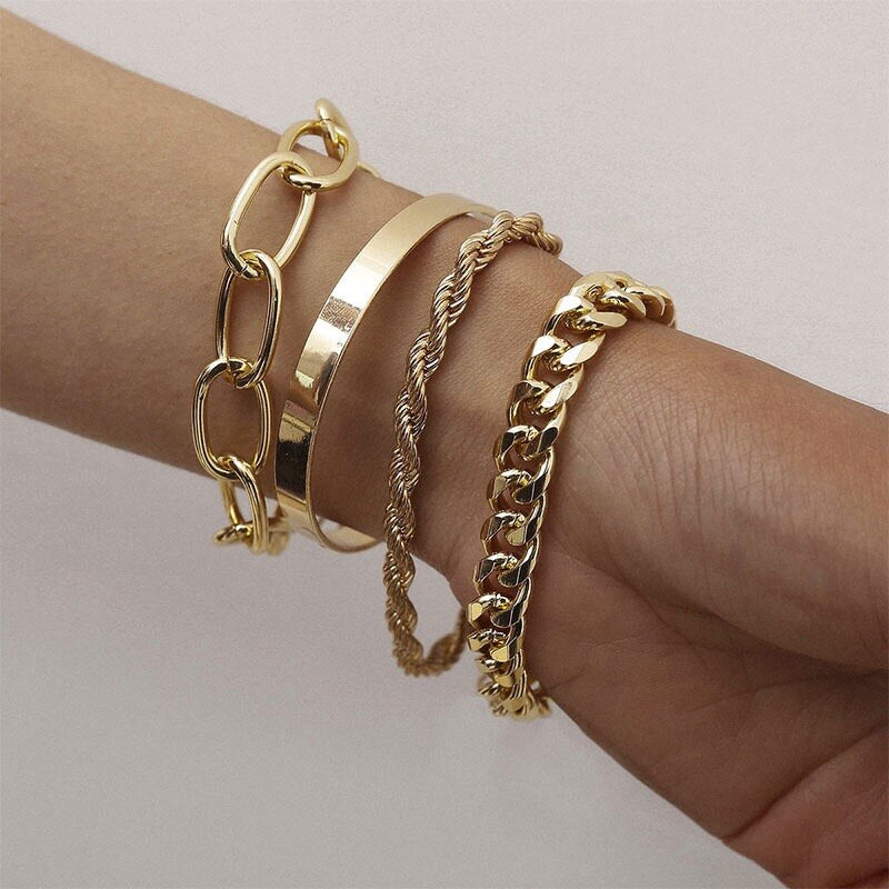 Aveuri 4Pcs/Set Punk Curb Cuban Chain Bracelets Set For Women Miami Boho Thick Gold Color Charm Bracelets Bangles Fashion Jewelry Gifts