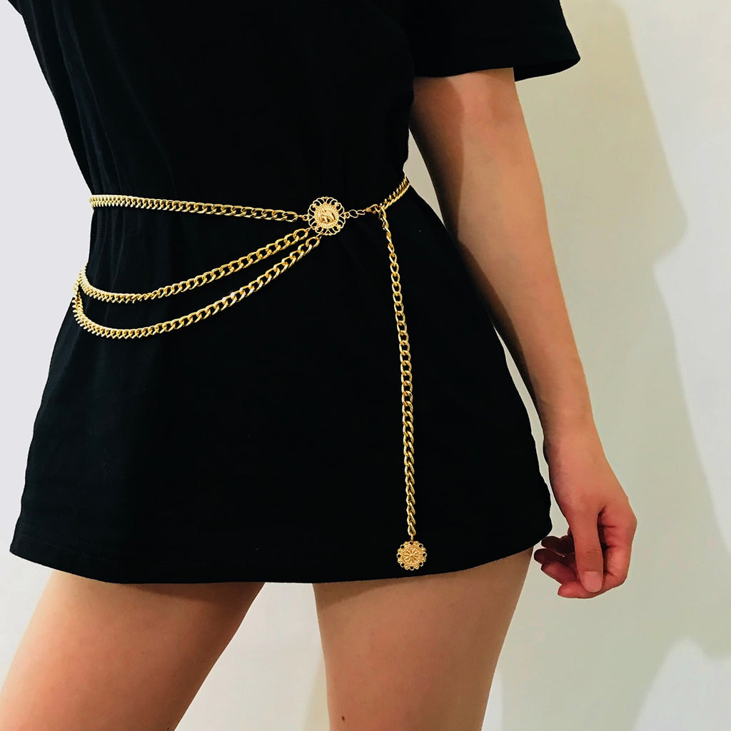 Aveuri Multi Layer Waist Chain Belt for Women Hiphop Alloy Metal Gold Color Belly Chain Dress Body Belt Fashion Jewelry