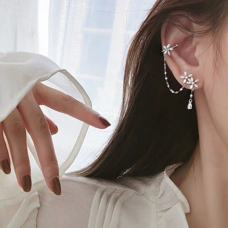 Korean Fashion Flower Zircon Chain Earrings Asymmetry Trendy Rhinestone For Women Personality boucle doreille femme 2023