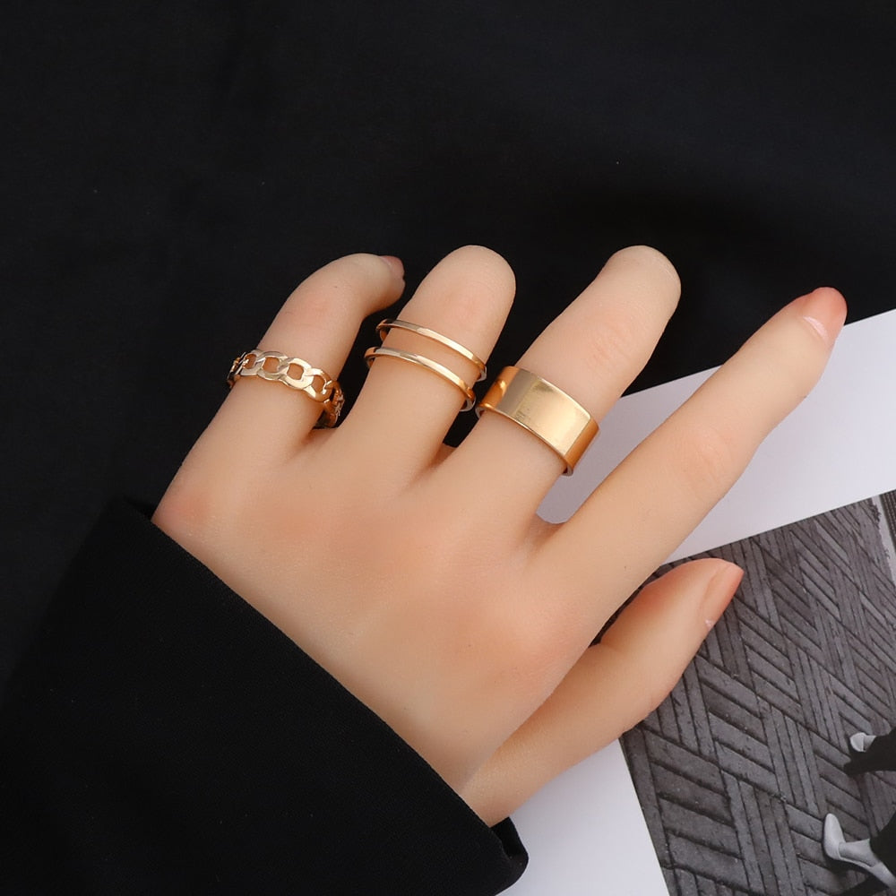 LATS Punk Gold Wide Chain Rings Set for Women Girls Fashion Irregular Finger Thin Ring 2023 Female Trendy Jewelry Party Gift