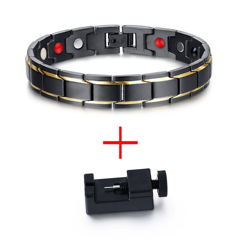 Meaeguet Tow Row 4 Health Elements Energy Bracelet Jewelry for Men Black Stainless Steel Chain Link Therapy