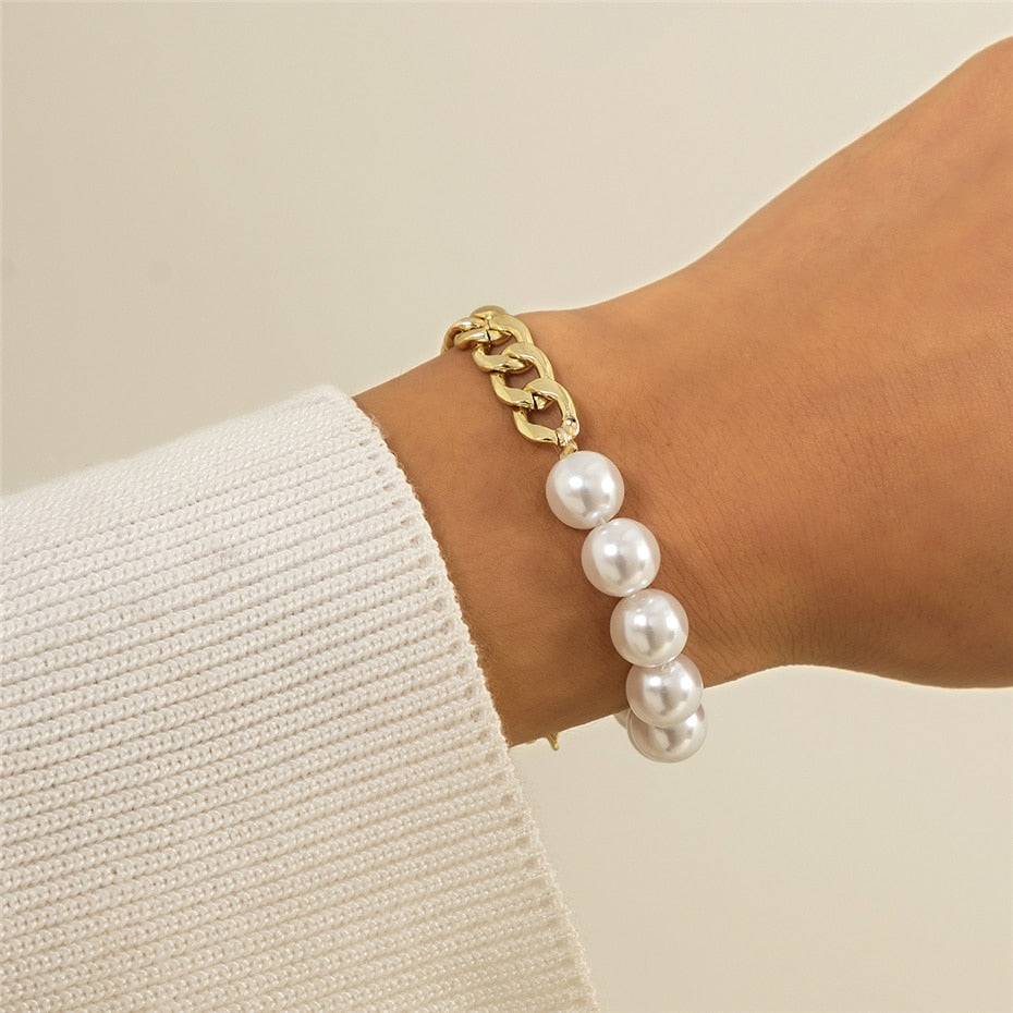 Aveuri High Quality Charm Imitation Pearl Bracelet Bangle For Women Armband Steampunk Lock Chunky Chain Bracelets Friend Couple Jewelry