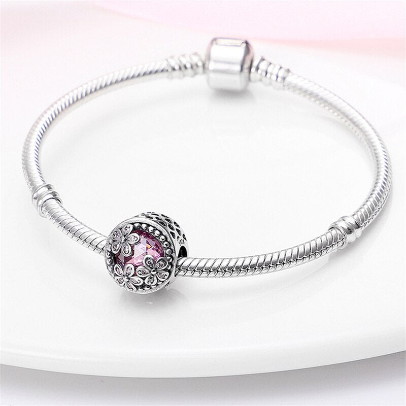 New Silver Color Fits Original Pandach Bracelet Necklace Round Beads flower pattern plata de ley Charms Bead Women DIY Jewelry