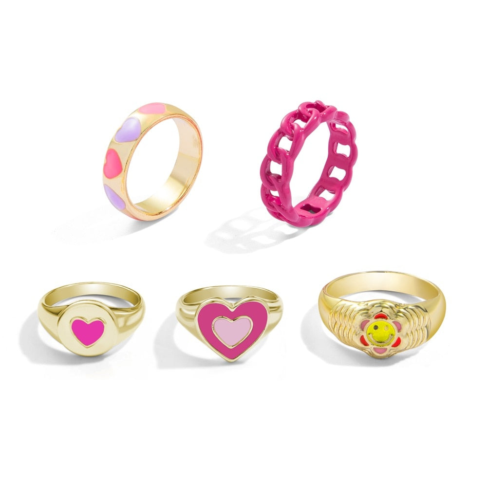 Aveuri Y2K Style Korean Colorful Resin Chain Rings Set for Women Fashion Colorful Multilayered Heart Ring Wholesale Jewelry