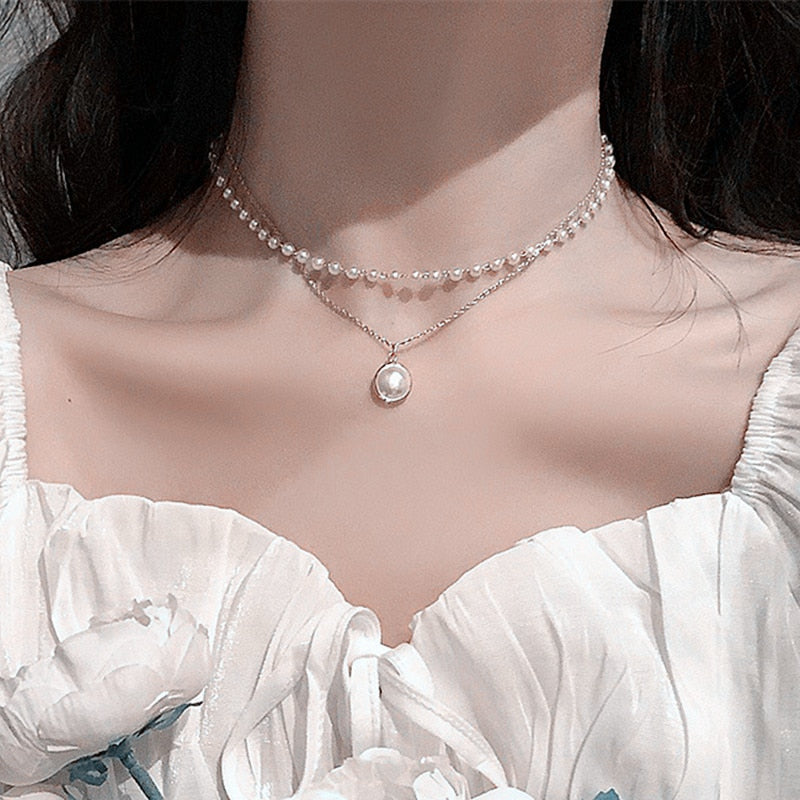 New Beads Women's Neck Chain Kpop Pearl Choker Necklace Gold Color Goth Chocker Jewelry On The Neck Pendant 2023 Collar For Girl