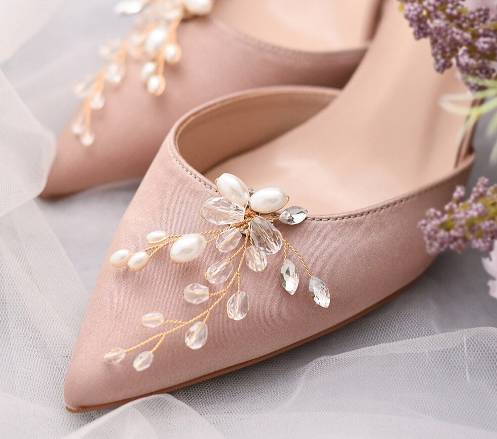 Aveuri lot Removable Bride High Heel Clip Rhinestone Wedding Shoes Buckle Women Decoration Pearls Floral Bead Shoe Clips