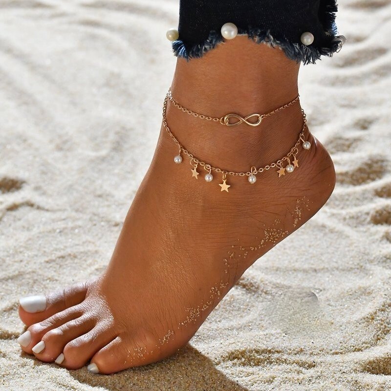 Aveuri Gift Cute Resin Bear Rhinestone Chain Anklet Summer Bohemian Tassel Pearl Foot Decoration Letter Personality Beach Multi-layer Anklet
