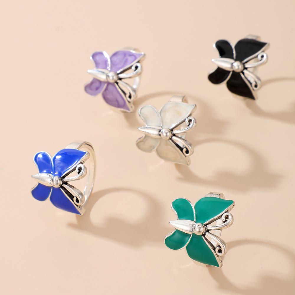 Aveuri 5pcs/sets Colorful Butterfly Ring Sets for Women Charms Alloy Metal Joint Ring Bohemian Jewelry Accessories 14693