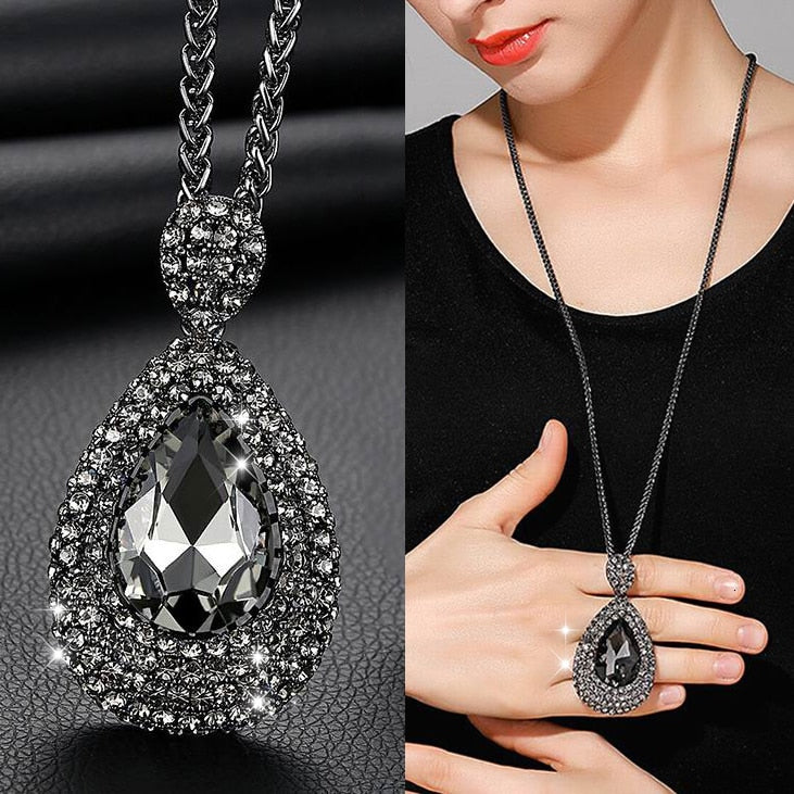 Luxury Long Chain Necklaces & Pendants for Women 2023 Fashion Waterdrop Gray Crystal Necklace Female Collier Femme Party Jewelry