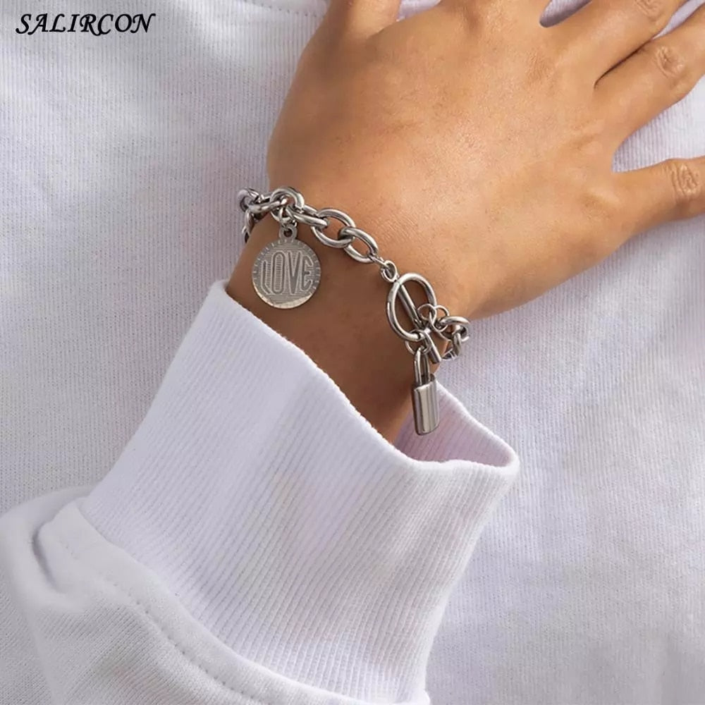 Aveuri Kpop Stainless Steel Lock Pendant Bracelet on Hand Punk Chain Women Men Bracelets Charm Couple Bracelet Jewelry Gift