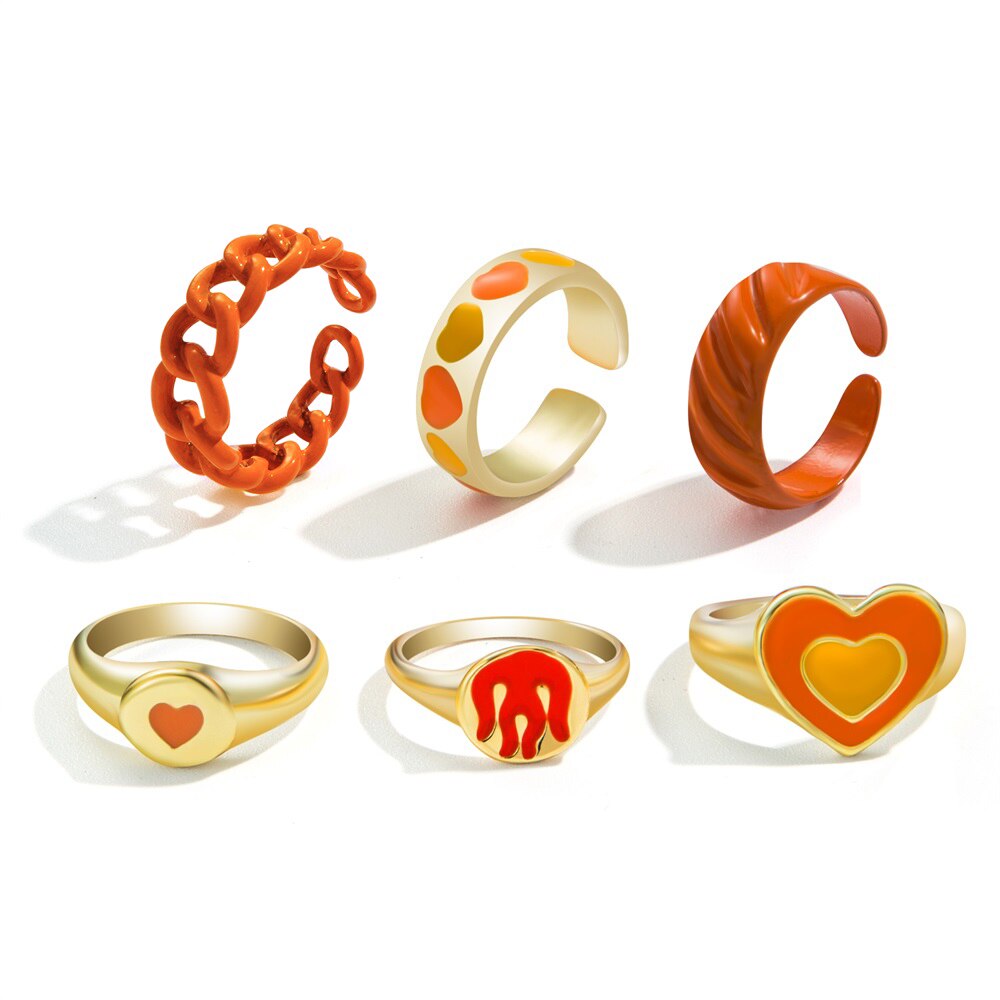 Aveuri Y2K Style Korean Colorful Resin Chain Rings Set for Women Fashion Colorful Multilayered Heart Ring Wholesale Jewelry