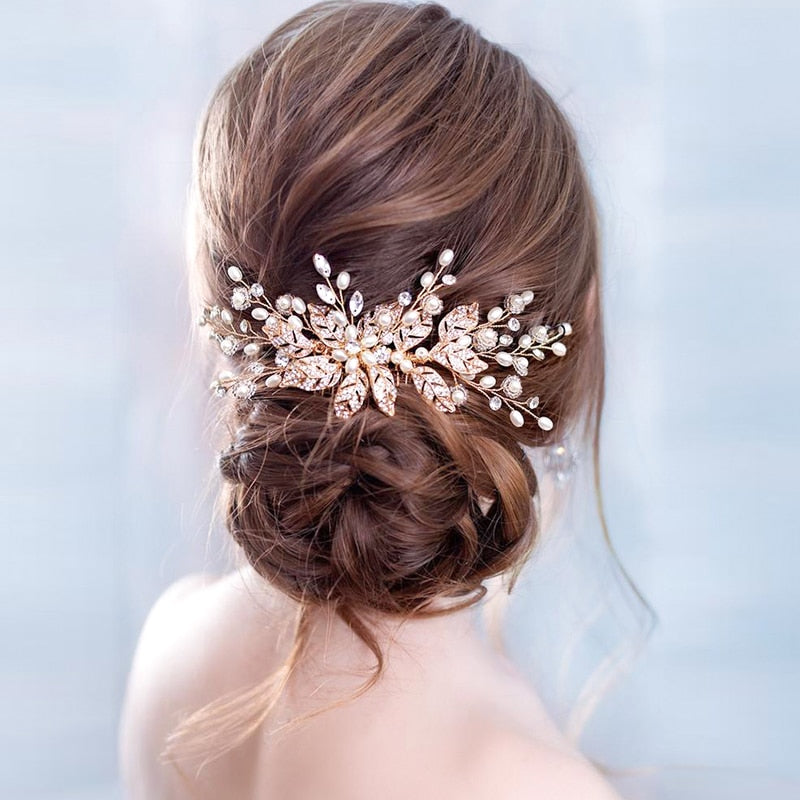 Aveuri Back to school Trendy Leaf Pearl Rose Gold Wedding Hair Combs Tiara Bridal Headpiece Women Head Decorative Jewelry Wedding Hair Accessories