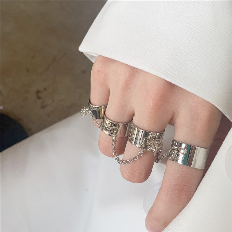 LATS Punk Cool Hip Pop Rings Multi-layer Adjustable Chain Four Open Finger Rings Alloy Man Rotate Rings for Women Party Gift