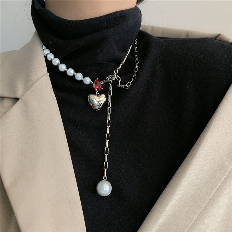 Korean Fashion Luminous Beads Necklace Broken Love Heart Pendant for Women Sweet Cool Punk Waterdrop Red Crystal Clavicle Jewelr