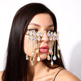 Aveuri INS Luxury Rhinestone Tassel Face Jewelry Chain Eyewear Decoration For Women Big Crystal Water Drop Sunglasses Face Accessories
