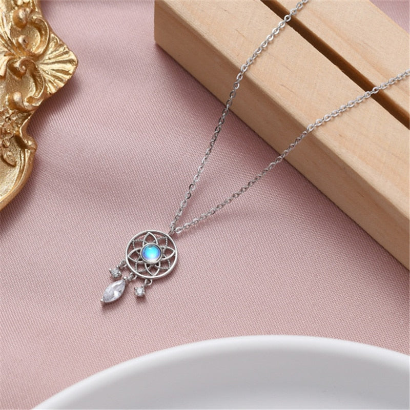Christmas Gift Moonstone Dreamcatcher Feather Charm Pendant Choker Necklace For Women Statement Wedding Jewelry dz458
