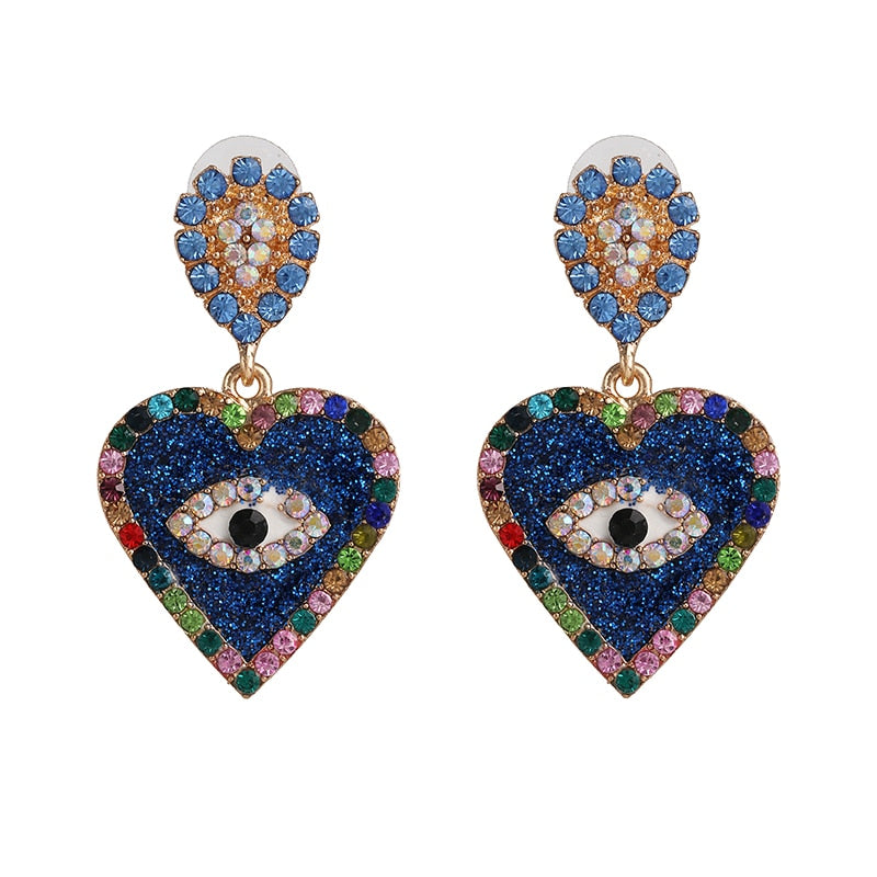 AVEURI Trendy Ethnic Love Heart Shape Evil Eye Drop Earrings For Women Vintage Statement Crystal Dangle Earring Jewelry Gift