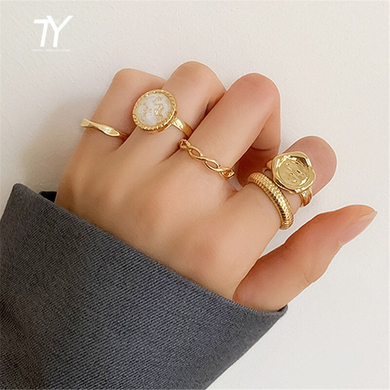 Christmas Gift European and American Metal Gold Five Piece Combination Set Rings For Woman Fashion Jewelry Luxury Party Girl's Unusual Ring