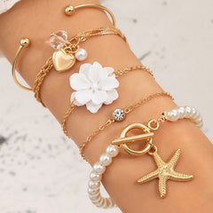 Tocona 5pcs/sets Luxury Pearl Stone Flowers Bracelets for Women Summer Starfish Heart Shiny Crystal Stone Bangle Jewelry 16464