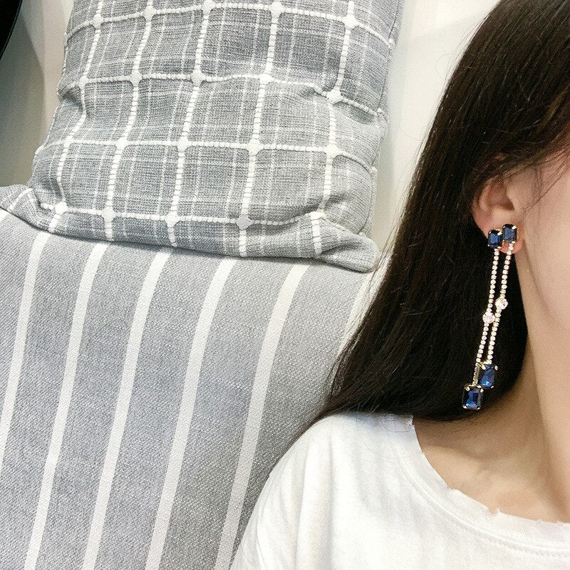 The new temperament simple alloy blue stone long earrings earrings ladies bungee fashion princess earrings all-match gift