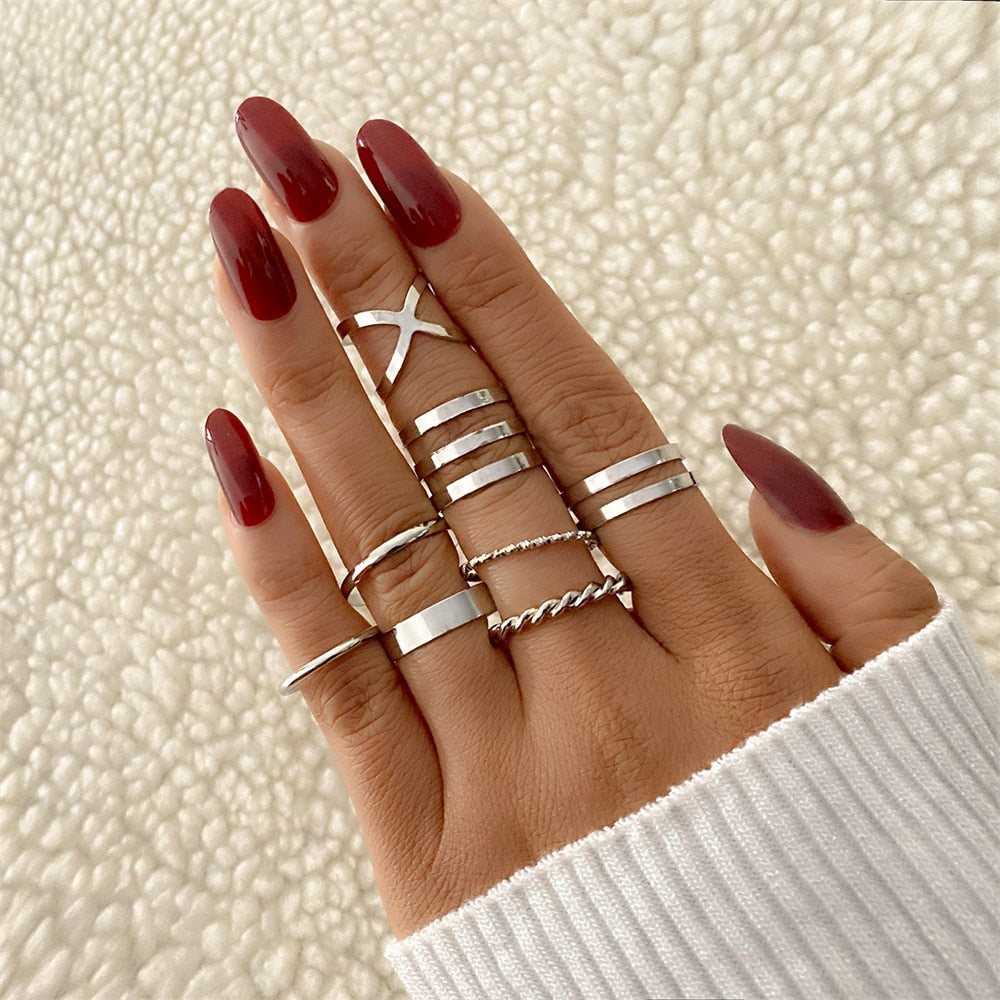 Aveuri Punk Gold Wide Chain Rings Set For Women Girls Fashion Irregular Finger Thin Rings Gift 2023 Female Jewelry Party