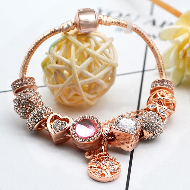 Aveuri High Quality Rose Gold Crystal Charm Bracelets For Women With Pink Leaves Bracelets & Bangles Fashion Jewelry Gift Dropshipping