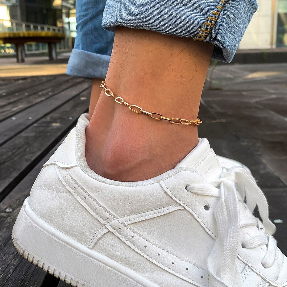 Aveuri Gothic Basic Simple Flat Blade Snake Chain Bracelet on the Leg For Men Women Punk Gold Color Copper Anklet Kpop Foot Jewelry