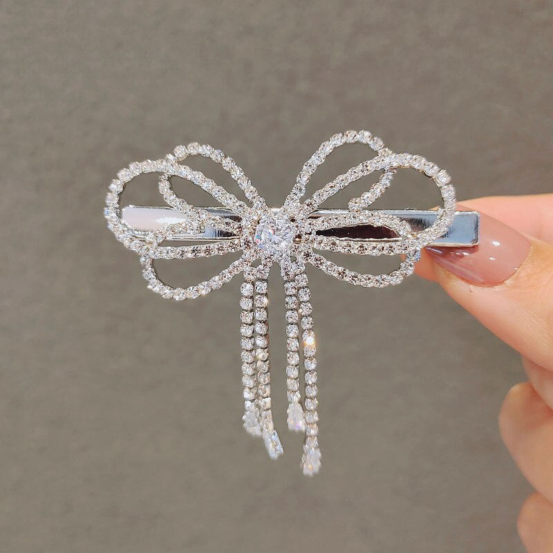 Aveuri 2022 The New Dual Purpose Rhinestone Bow Tie Word Clip Tassel Bangs Clip Fairy Side Hairpin Brooch Duckbill Clip