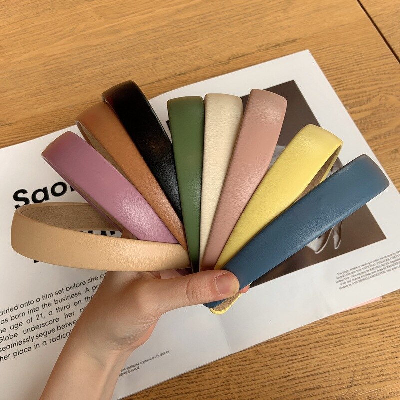 2023 Korean PU Leather Hair Bands Simple Solid Color Headbands for Women Girls Padded Wide Bezel Hair Hoop Hair Accessories Gift