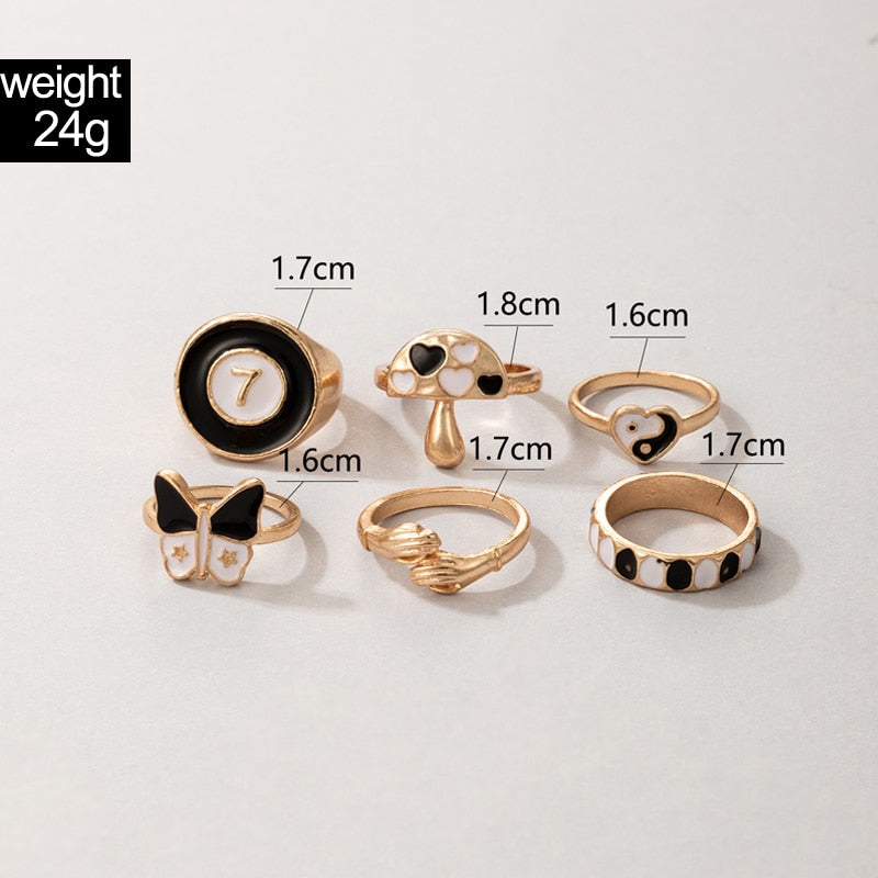 Aveuri 6pcs/sets Pretty butterfly Ring Sets for Women Colorful Heart Mushroom Hand Gold Alloy Metal Jewelry 19851