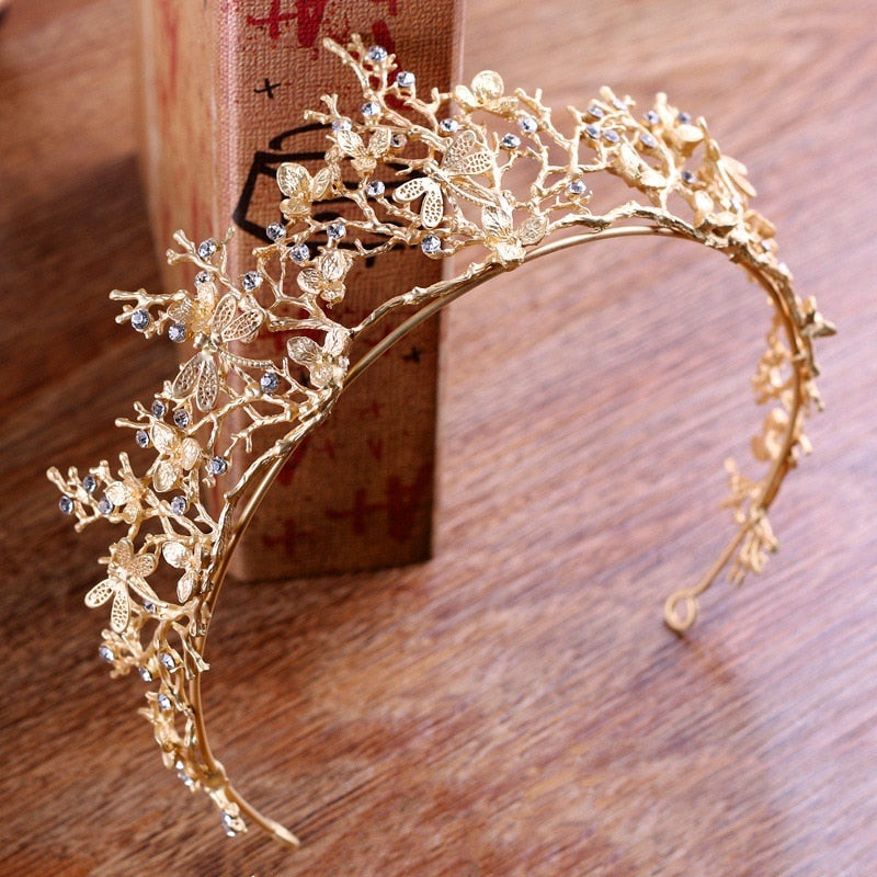 Gold Color Crystal Crowns Bride Tiara Fashion Queen For Wedding Crown Headpiece Branches Dragonflies Wedding Hair Jewelry
