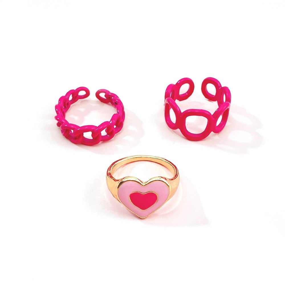 Aveuri Y2K Style Korean Colorful Resin Chain Rings Set for Women Fashion Colorful Multilayered Heart Ring Wholesale Jewelry