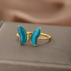 Aveuri Butterfly Rings For Women Girl Stainless Steel Gold Cute Animal Blue Color Butterfly Ring Finger Jewelry Gift Bijoux Femme