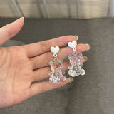 Christmas Gift New Fashion Classic Heart-shaped Sweet Transparent Bear Crystal Earrings For Women Female Simple Cute Small Fres Earring Jewelry