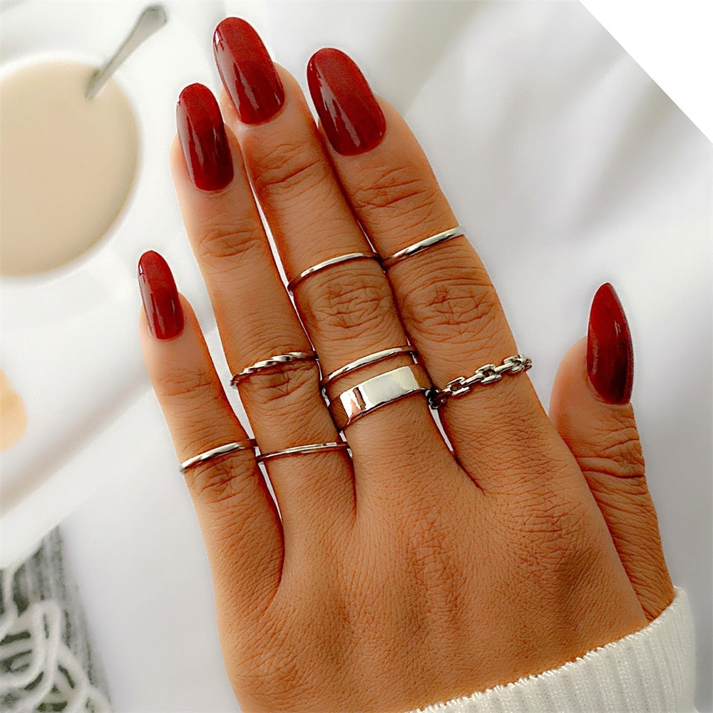 Aveuri 6Pcs/set Punk Finger Rings Minimalist Smooth Gold/black Geometric Metal Rings for Women Girls Party Jewelry Bijoux Femme