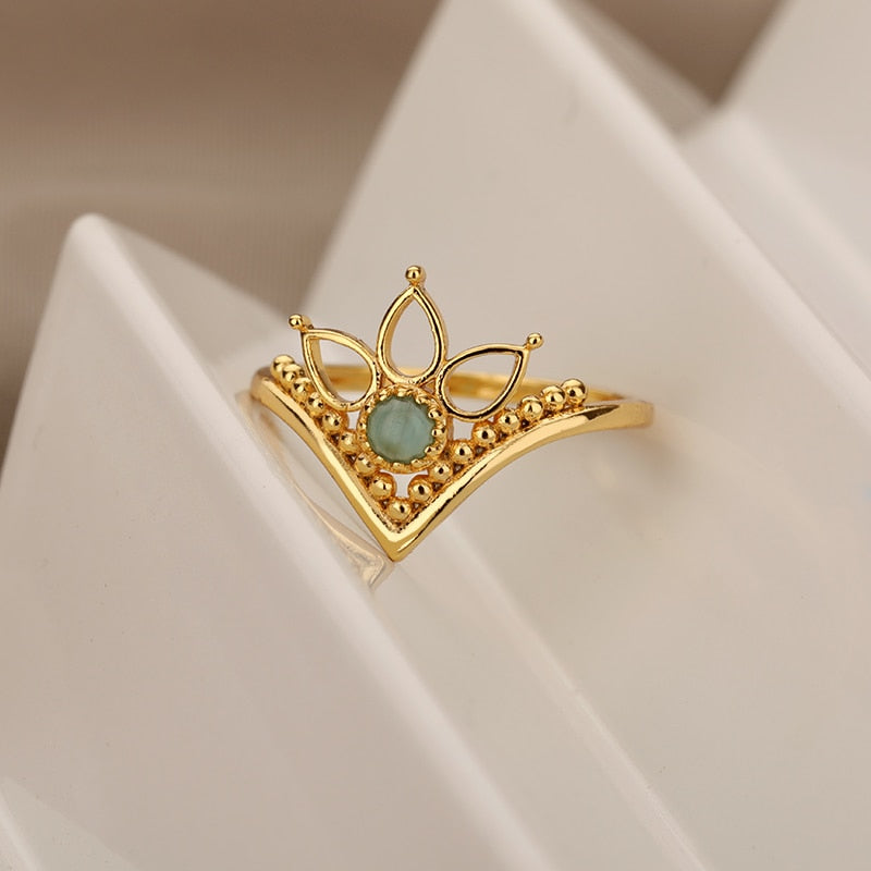 Aveuri Crown Opal Rings For Women Stainless Steel Lotus Flowers Round Charm Ring Finger Wedding Accessories Jewelry Gift