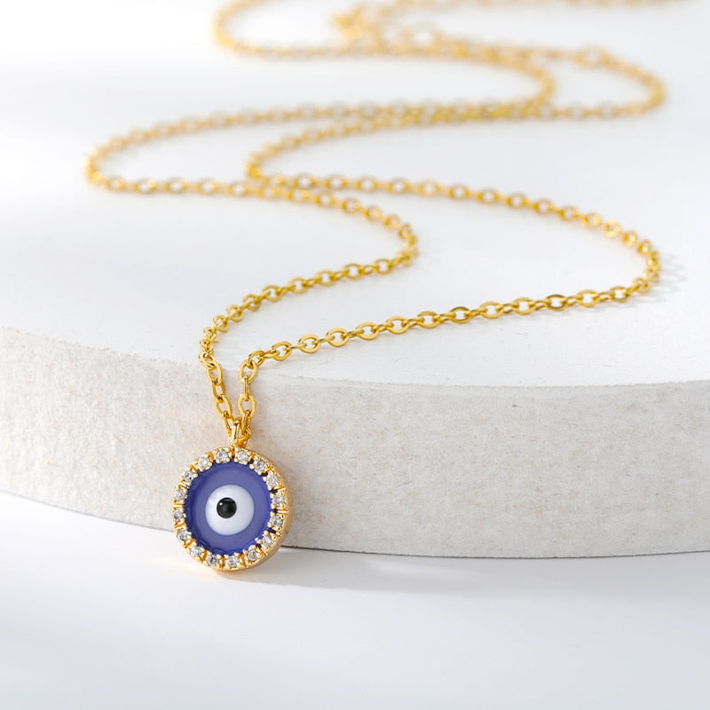 Aveuri Blue Evil Eye Charms Necklace For Women Stainless Steel Gold Turkish Zircon Eye Pendants Fashion Necklace Jewelry Gift Bijoux