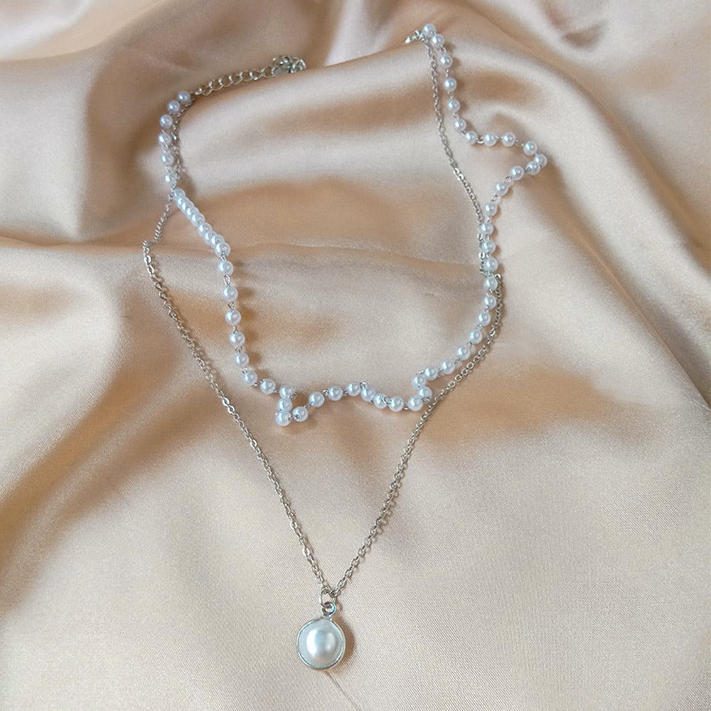 Aveuri 2023 New Fashion Kpop bead Choker Necklace Cute Double Layer Chain Pendant For Women Jewelry Girl Gift