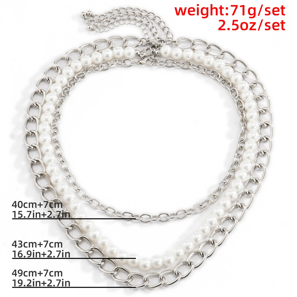 Aveuri Hip Hop Punk Pearl Necklace Stainless Steel Curb Cuban Link Chain Choker for Men Women Silver Color Fashion Male Jewelry Gift