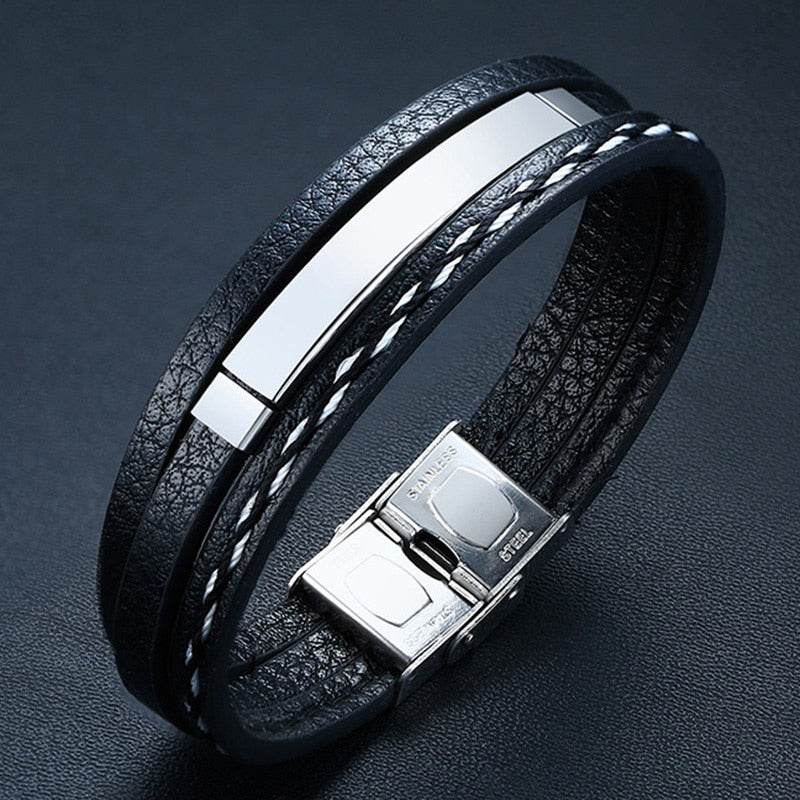 Vnox Multi Layer Leather Bracelets for Men Women Customizable Engraving Stainless Steel Casual Personalized Bangle