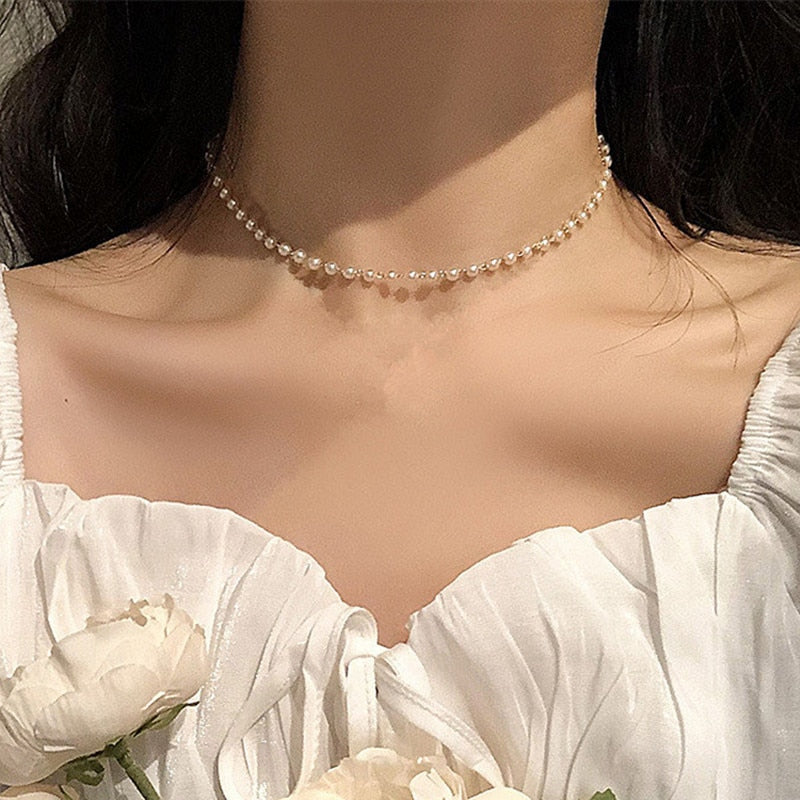 New Beads Women's Neck Chain Kpop Pearl Choker Necklace Gold Color Goth Chocker Jewelry On The Neck Pendant 2023 Collar For Girl