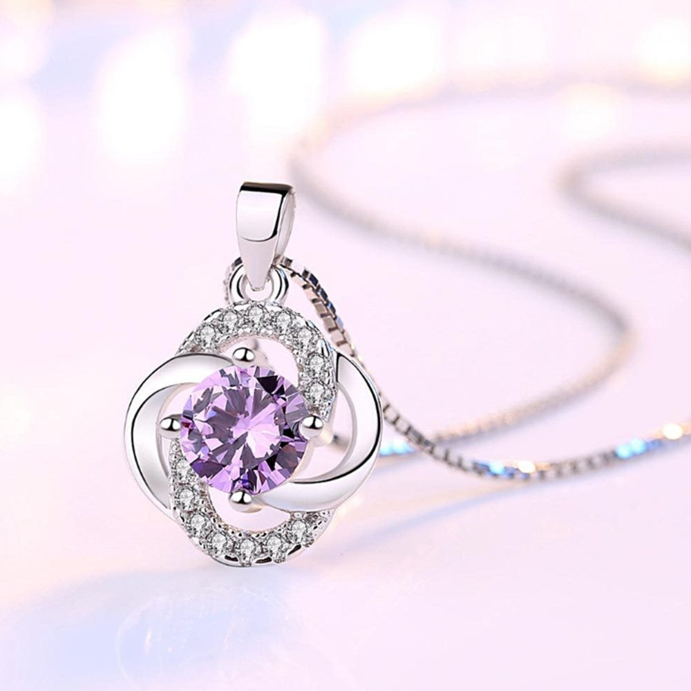 Christmas Gift alloy new women fashion jewelry purple zircon four-leaf clover flower pendant necklace length 45CM