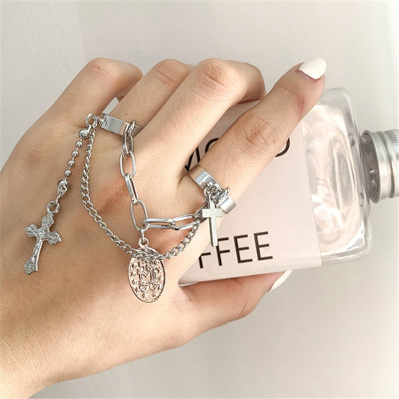 Aveuri Punk Cool Hiphop Chain Rings Multi-layer Adjustable Open Finger Rings Set Alloy Man Rings for Women Party Gift Jewelry