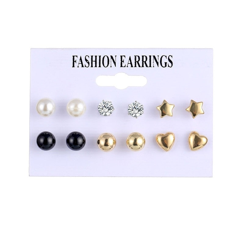 Christmas Gift EN 7Pairs/Set Crystal Heart Leaves Stud Earrings For Women Charm Rhinestone Small Pearl Earrings Set Jewelry Girls Gifts Brincos