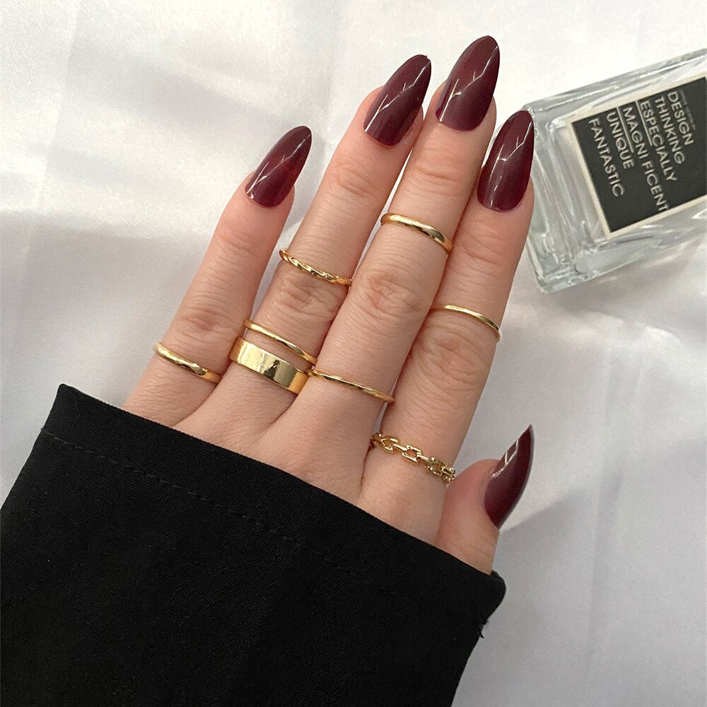 Aveuri Punk Gold Wide Chain Rings Set For Women Girls Fashion Irregular Finger Thin Rings Gift 2023 Female Jewelry Party