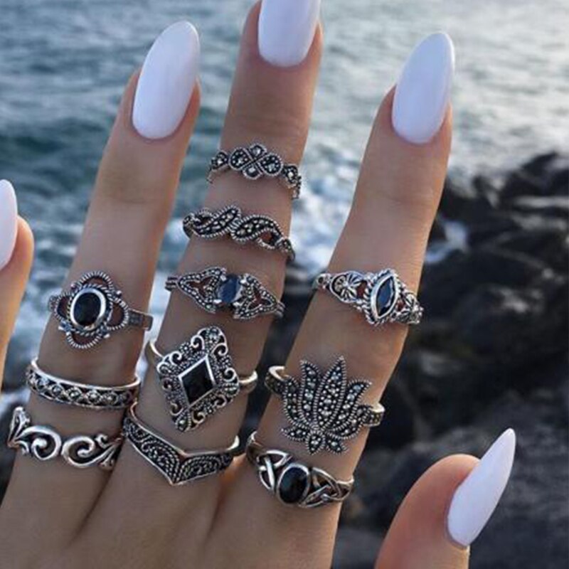 Tocona Bohemian Women's Antique Silver Color Rings Boho Indian Jewelry Vintage Midi Knuckle Ring Set Finger bijoux Femme