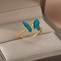 Aveuri Butterfly Rings For Women Girl Stainless Steel Gold Cute Animal Blue Color Butterfly Ring Finger Jewelry Gift Bijoux Femme