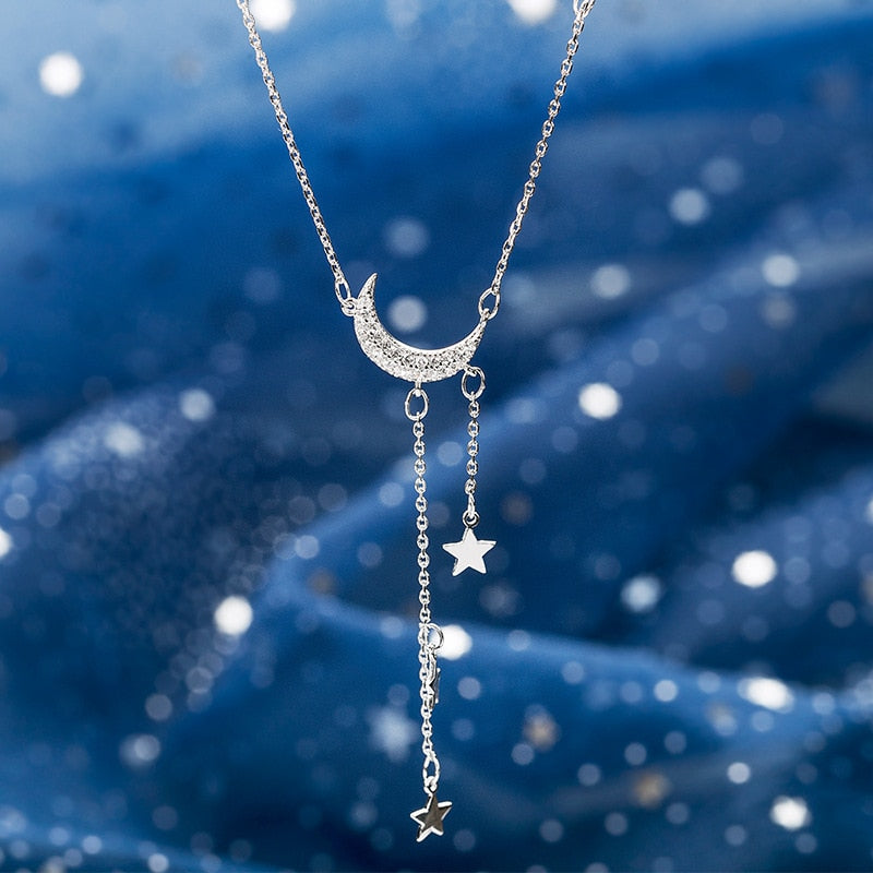 Fashion New 925 Sterling Silver Star Moon Choker Necklaces Shiny Chain Women Wedding Fine Jewelry