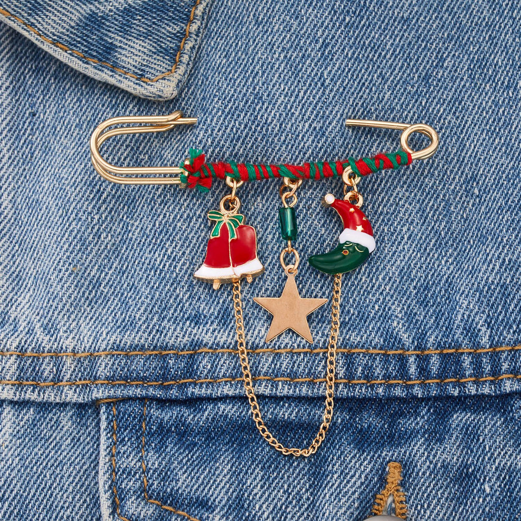 Christmas Gift Christmas Long Pins Star Tassel Chain Brooch Xmas Tree Glove Wreath Gift Box Elk Santa Claus Brooches for Women Kid Coat Jewelry