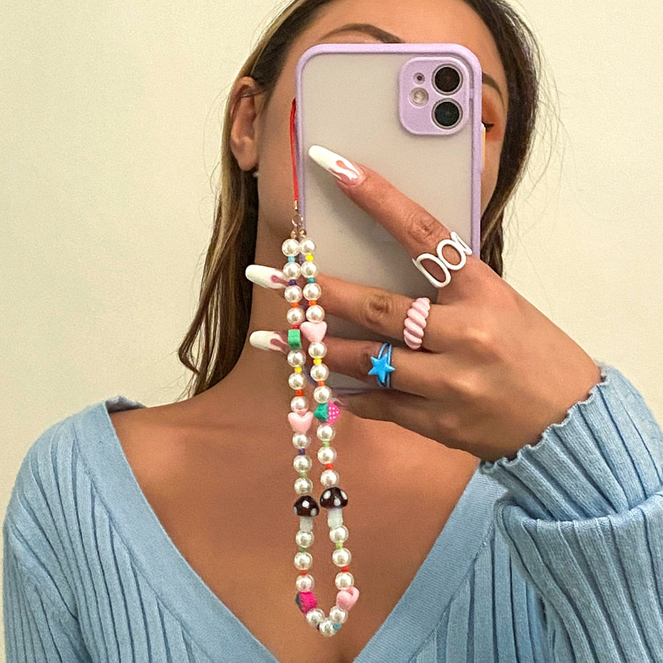 Aveuri 2021 Trend Simulated Pearls Mobile Phone Strap Lanyard Colorful Beads Fruit Heart Accessories Phone Case Hanging Cord for Women